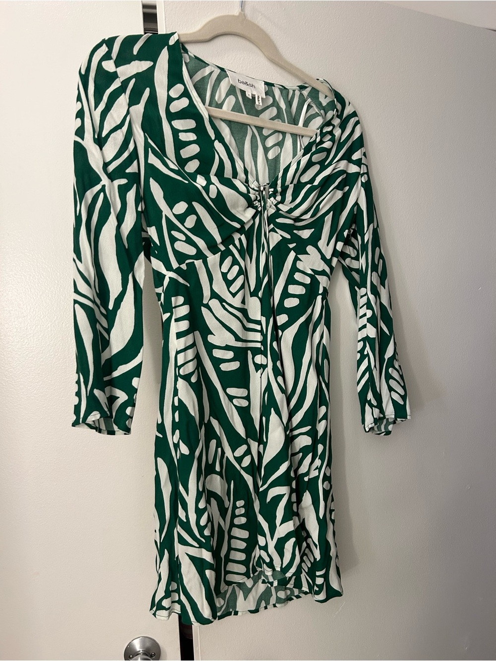 ba&sh Green and White Long Sleeve Printed Dress